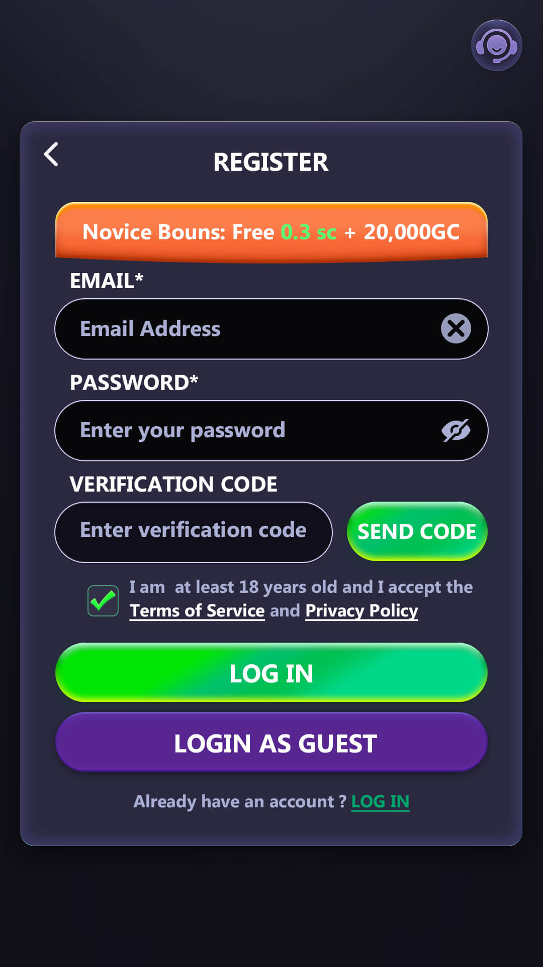 Magic Clover Casino registration screen